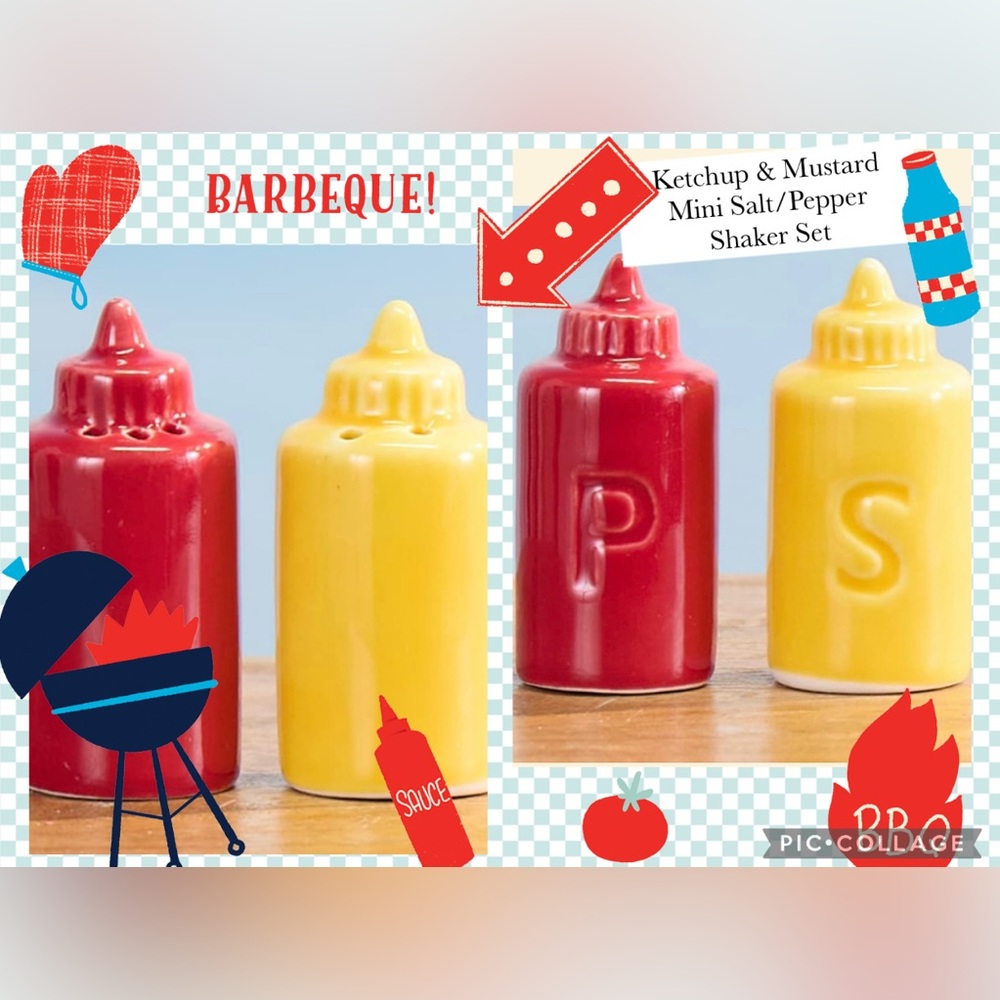 New Mini Retro Red Ketchup Pepper & Yellow Mustard Shaped Salt & Pepper Shakers